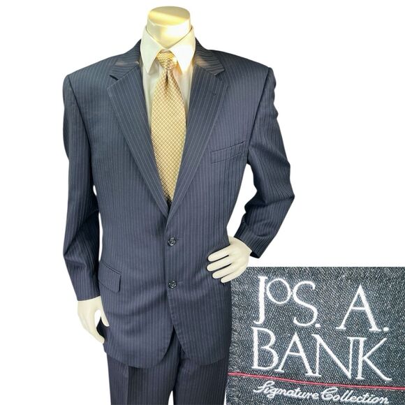 Jos A Bank Signature Collection Men 2pc Suit 46R 36x28.5 Wool Striped Navy Blue - Picture 1 of 11